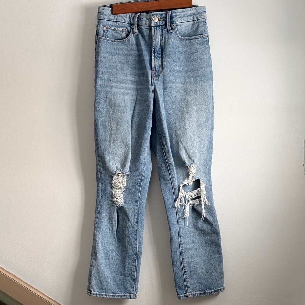 Good American Good Boy Distressed Light Blue Straight Jeans